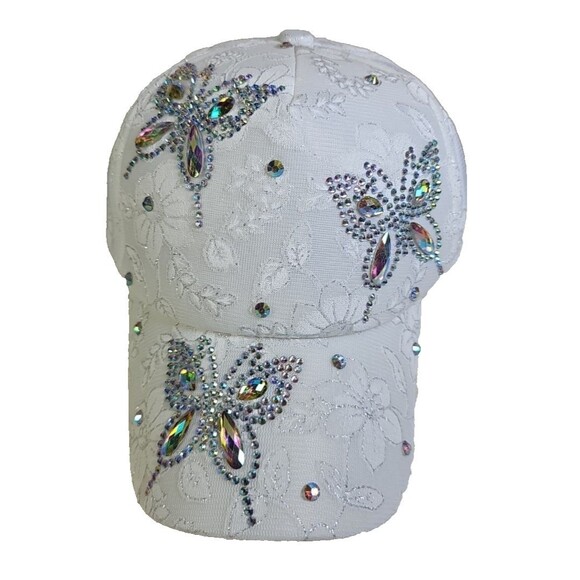 Butterfly Bling Headwear  Lace Rhinestone Hat - Womens Crystal Gem Bling Cap - Picture 1 of 4